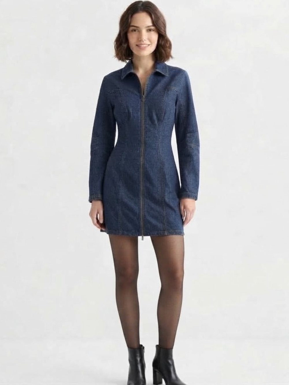 A.N.A Womens Long Sleeve A-Line Denim Zip-Front Shirt Dress